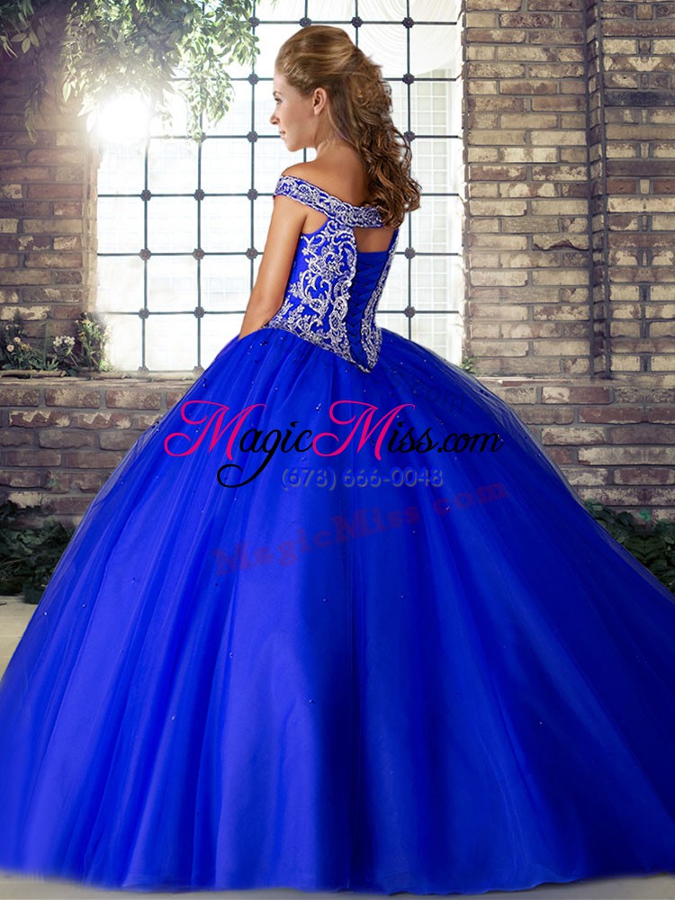 wholesale ball gowns sleeveless blue quinceanera gowns brush train lace up
