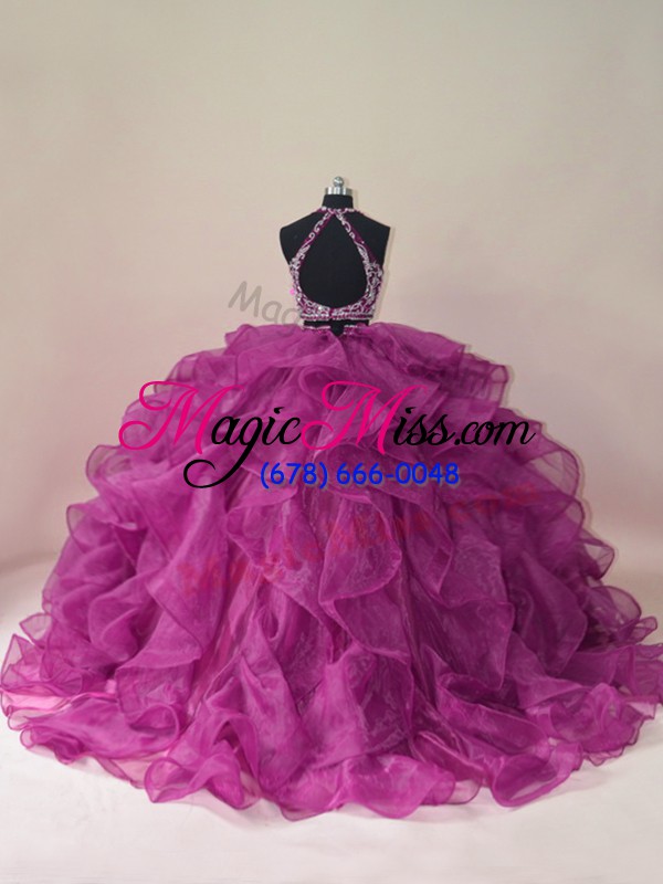 wholesale organza scoop sleeveless brush train backless beading and ruffles quinceanera dress in fuchsia
