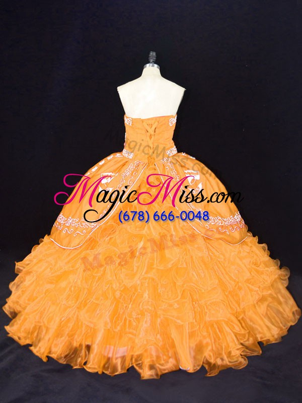 wholesale affordable organza strapless sleeveless lace up embroidery and ruffles sweet 16 quinceanera dress in gold
