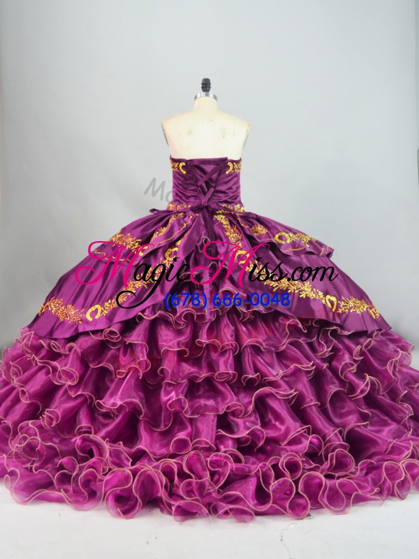 wholesale sweetheart sleeveless satin and organza vestidos de quinceanera embroidery and ruffles brush train lace up