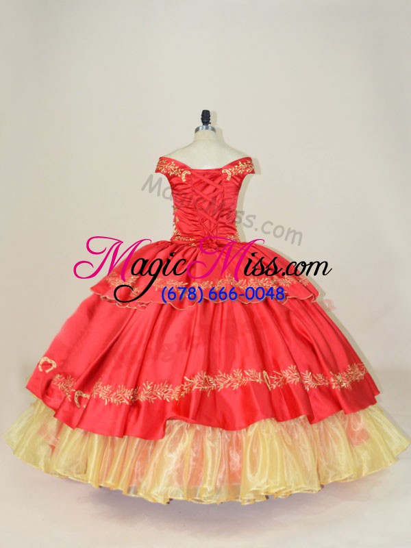 wholesale custom design red ball gowns satin and organza off the shoulder sleeveless embroidery floor length lace up sweet 16 dress