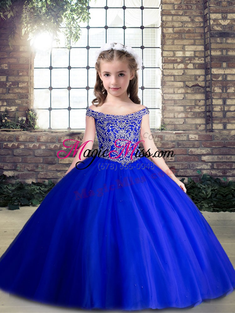 wholesale royal blue ball gowns beading child pageant dress lace up tulle sleeveless floor length