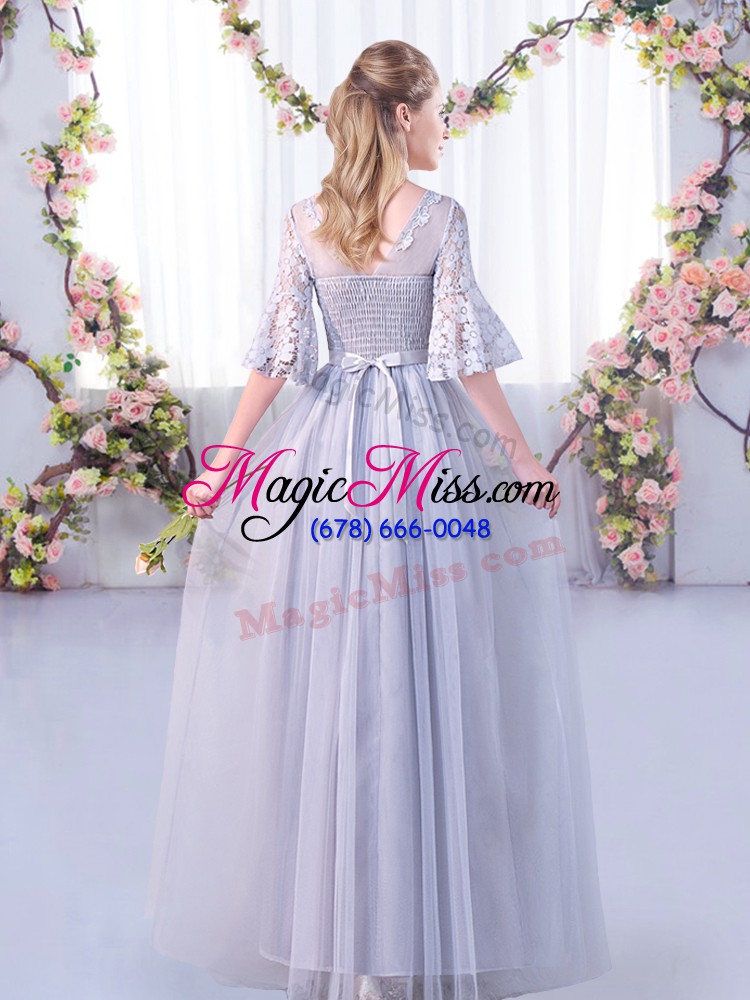wholesale perfect half sleeves floor length lace and belt side zipper wedding guest dresses with light blue