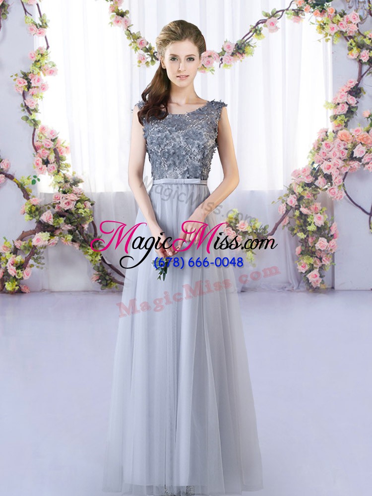 wholesale custom fit grey lace up scoop appliques bridesmaid dresses tulle sleeveless