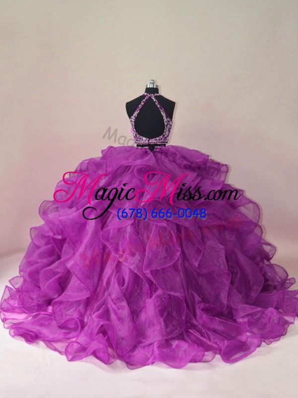 wholesale high class purple sleeveless beading and ruffles backless sweet 16 dress