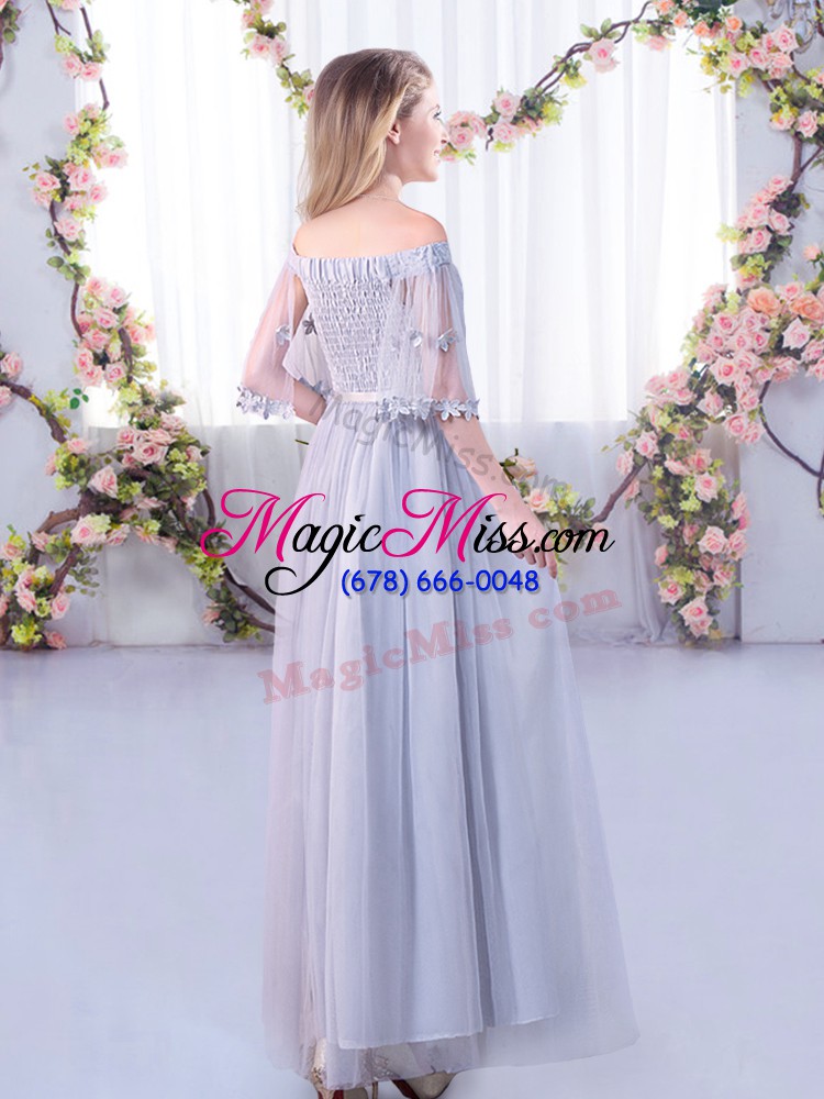 wholesale pink half sleeves lace and belt floor length wedding party dress