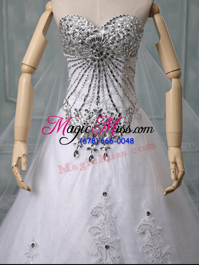 wholesale sleeveless beading and lace lace up wedding dresses with white chapel train