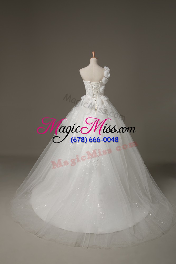 wholesale sumptuous beading and lace and hand made flower wedding dresses white lace up sleeveless brush train