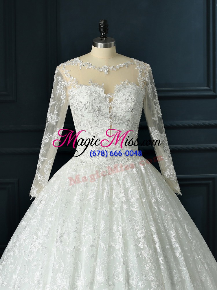 wholesale cheap long sleeves lace brush train zipper bridal gown in white with beading and lace