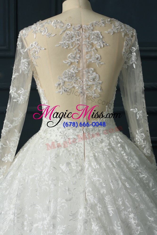 wholesale cheap long sleeves lace brush train zipper bridal gown in white with beading and lace