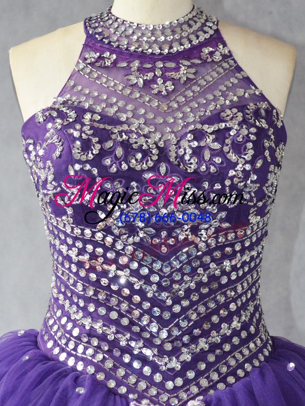 wholesale exceptional sleeveless tulle floor length lace up quinceanera gown in purple with beading