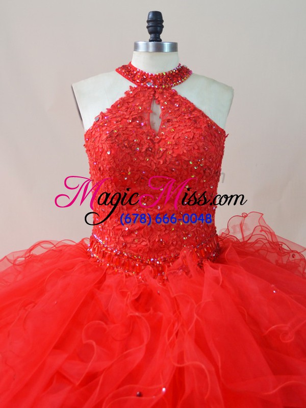 wholesale admirable red sleeveless floor length beading and ruffles lace up sweet 16 dress