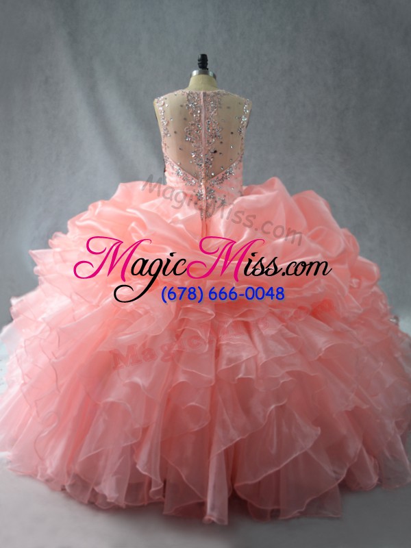wholesale peach ball gowns beading and ruffles and pick ups quinceanera dresses zipper organza sleeveless floor length