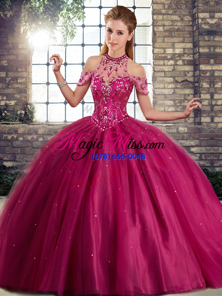 wholesale romantic fuchsia tulle lace up halter top sleeveless quince ball gowns brush train beading