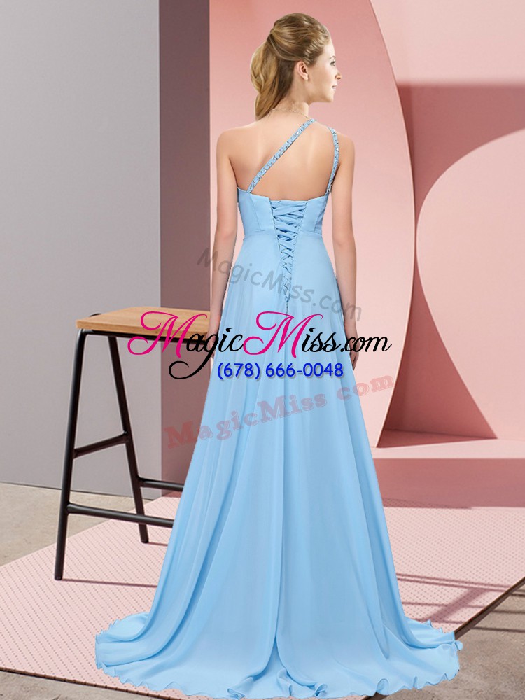 wholesale blue chiffon lace up one shoulder sleeveless floor length prom gown beading