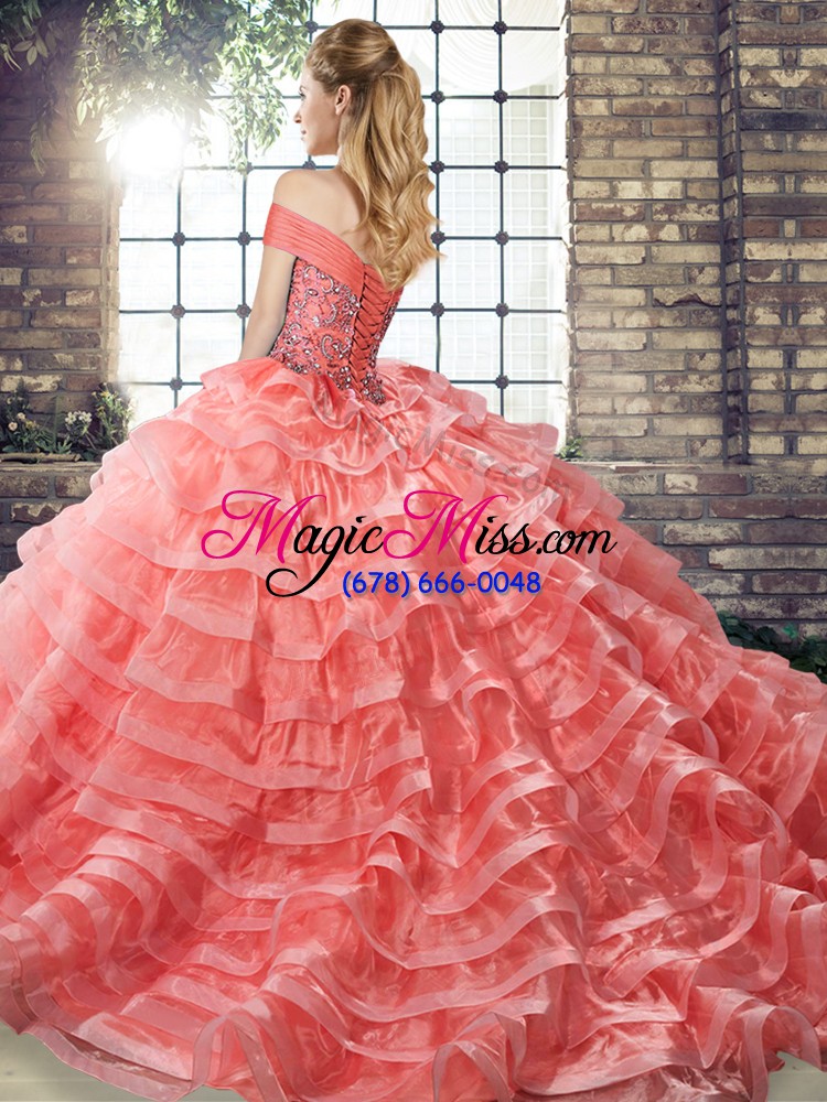 wholesale fabulous watermelon red sweet 16 dresses military ball and sweet 16 and quinceanera with beading and ruffled layers off the shoulder sleeveless brush train lace up