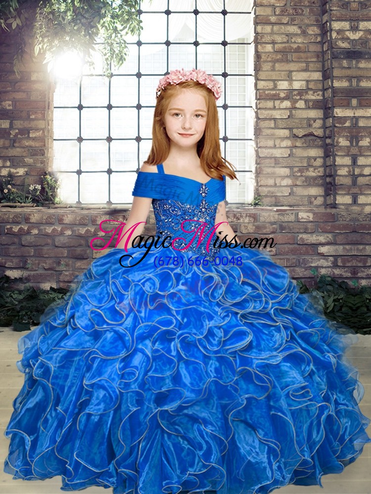 wholesale blue sleeveless floor length beading and ruffles lace up little girls pageant gowns