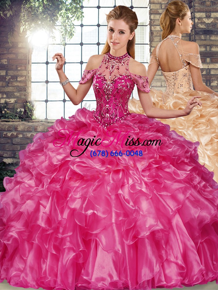 wholesale suitable fuchsia halter top neckline beading and ruffles quince ball gowns sleeveless lace up