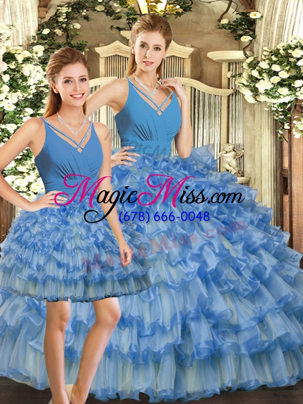 wholesale fashionable floor length three pieces sleeveless blue sweet 16 dress backless