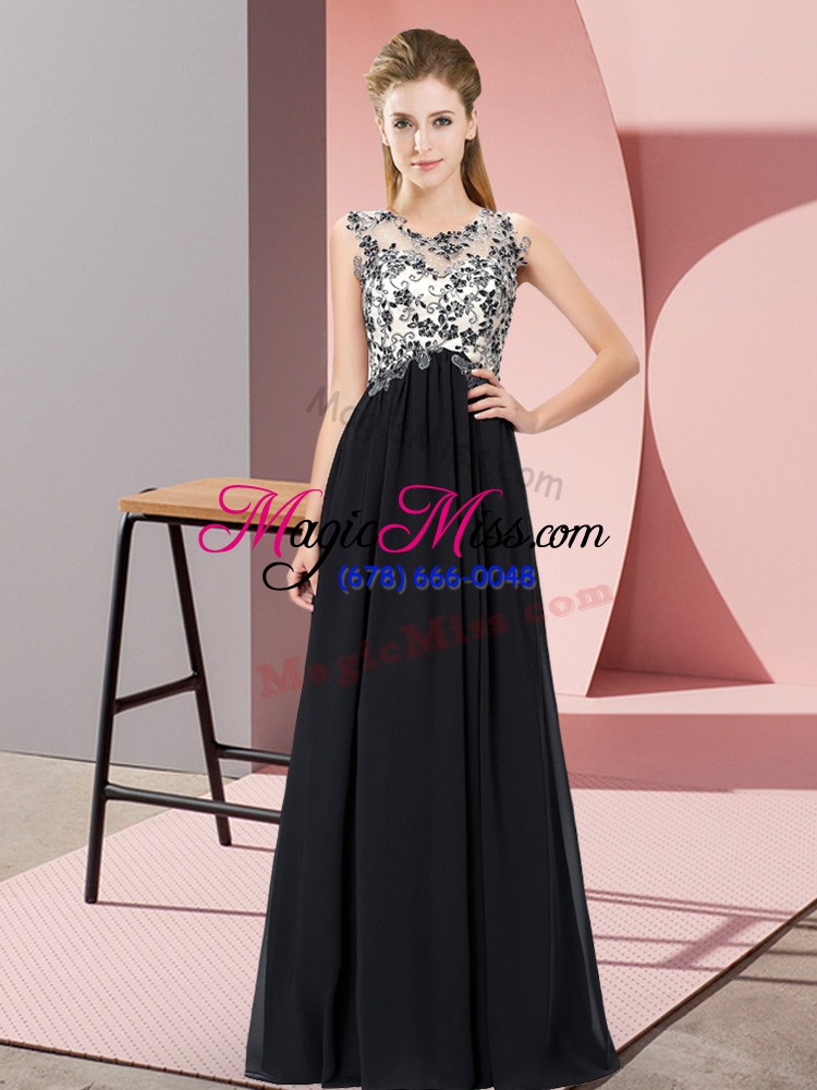 wholesale sleeveless chiffon floor length zipper bridesmaid dresses in black with beading and appliques