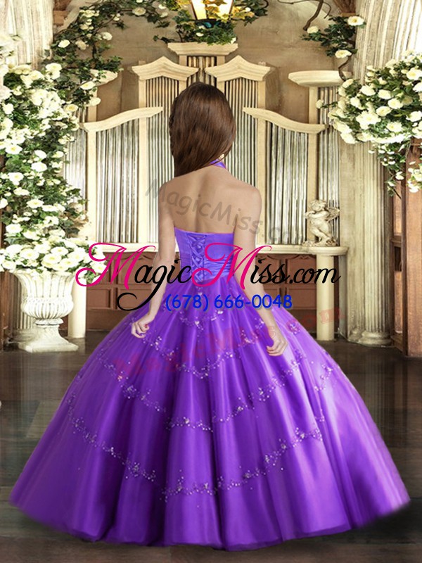 wholesale beautiful purple ball gowns tulle halter top sleeveless beading floor length lace up high school pageant dress