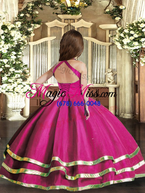 wholesale on sale organza straps sleeveless lace up ruffled layers and ruching pageant gowns for girls in fuchsia