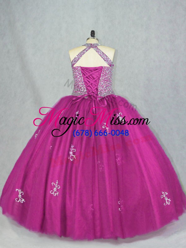 wholesale fuchsia tulle lace up halter top sleeveless floor length 15 quinceanera dress beading and appliques