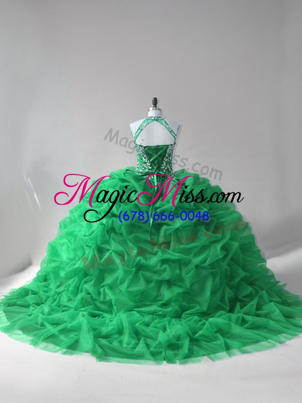 wholesale noble green ball gowns tulle halter top sleeveless beading and pick ups lace up quinceanera dress court train