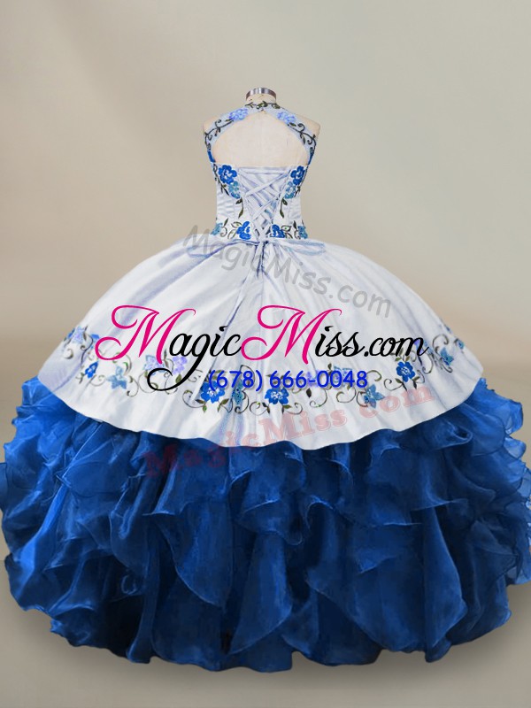 wholesale luxurious organza halter top sleeveless lace up embroidery and ruffles ball gown prom dress in blue and white