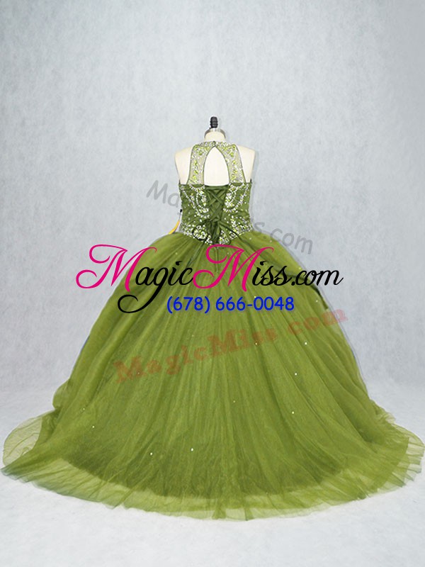 wholesale olive green ball gowns beading 15 quinceanera dress lace up tulle sleeveless