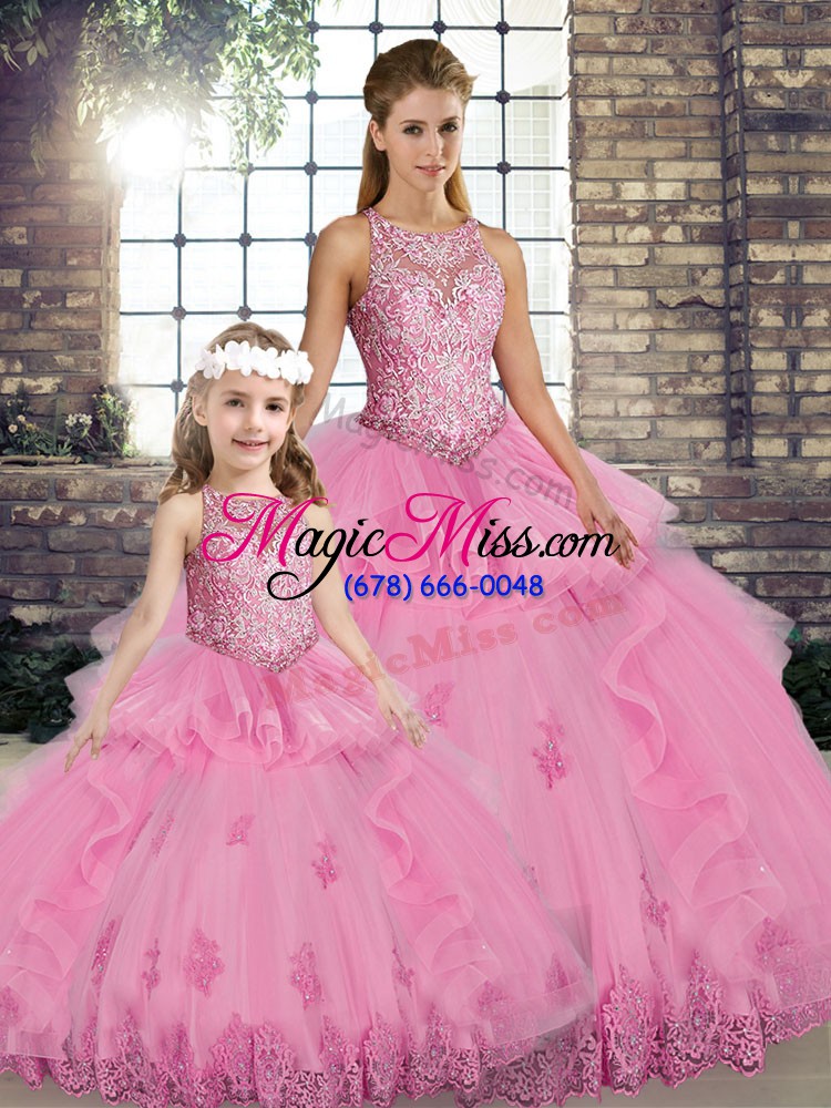 wholesale fine scoop sleeveless lace up sweet 16 dresses rose pink tulle