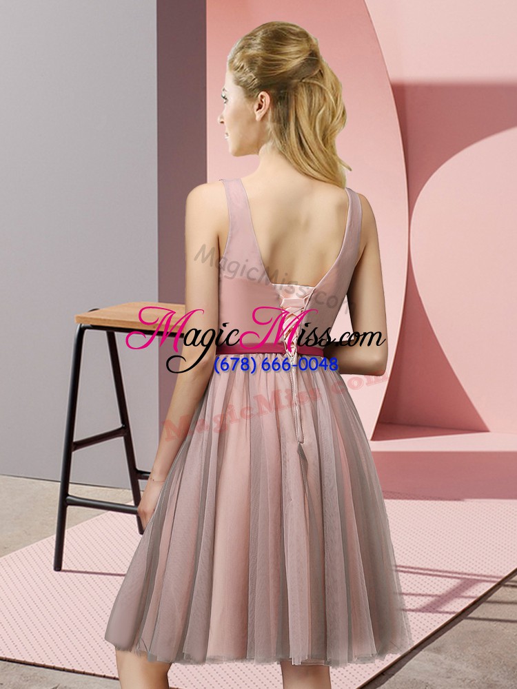 wholesale v-neck sleeveless tulle bridesmaids dress appliques lace up