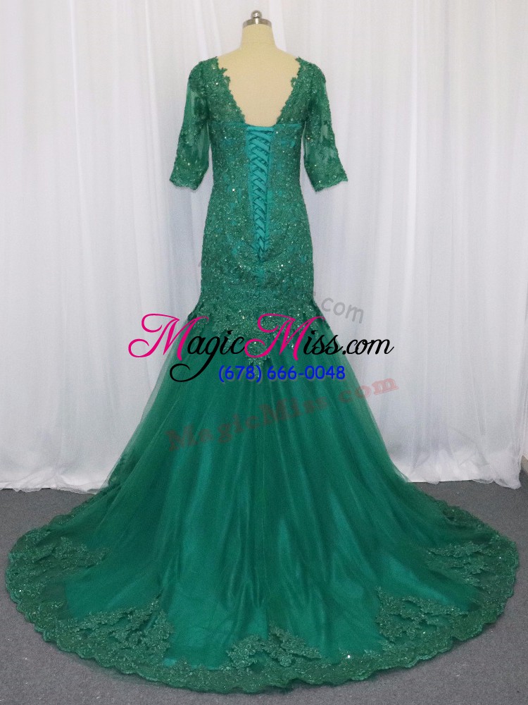 wholesale best selling mermaid half sleeves green mother of the bride dress brush train lace up