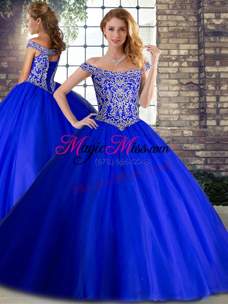 wholesale dazzling royal blue sleeveless tulle brush train lace up sweet 16 dresses for military ball and sweet 16 and quinceanera