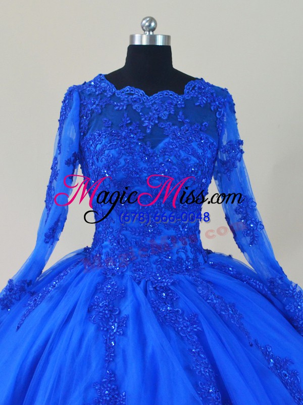 wholesale fabulous royal blue ball gowns tulle scalloped long sleeves lace and appliques floor length zipper 15 quinceanera dress