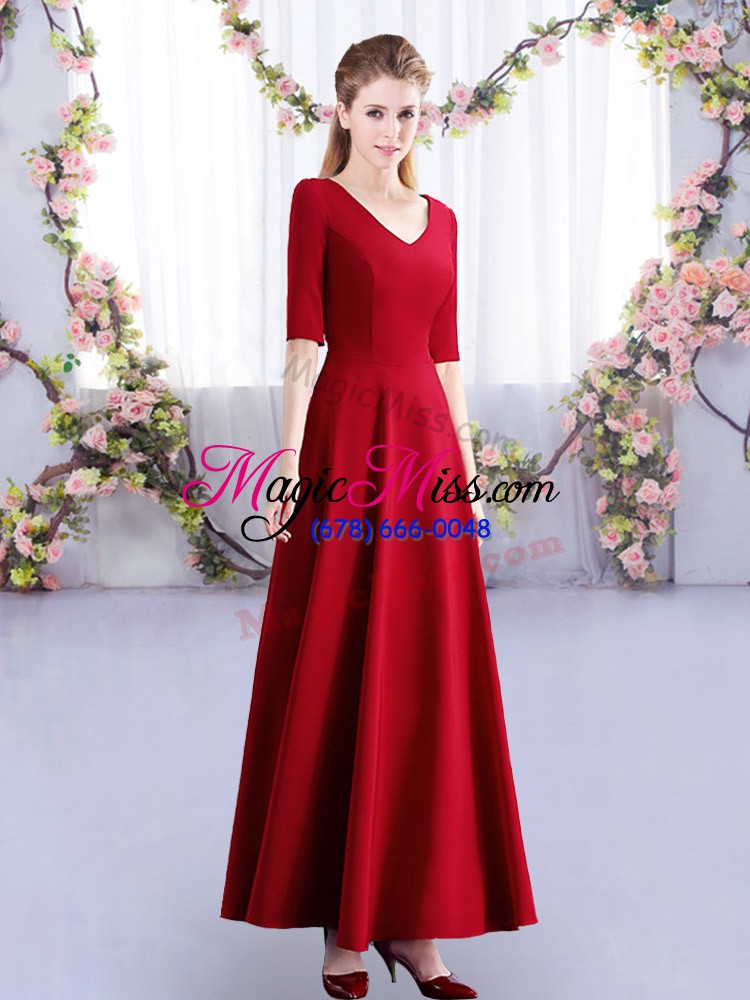 wholesale satin half sleeves ankle length bridesmaid gown and ruching