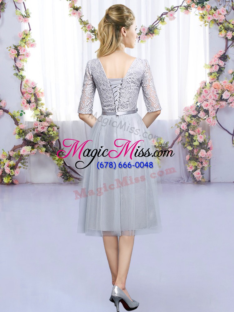 wholesale grey scoop neckline lace and belt wedding guest dresses half sleeves lace up