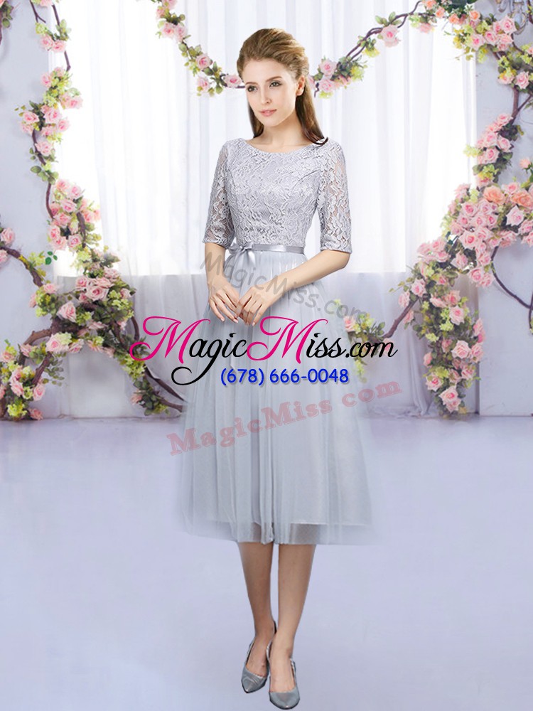 wholesale grey scoop neckline lace and belt wedding guest dresses half sleeves lace up