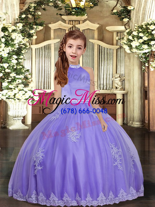 wholesale classical lavender tulle backless high-neck sleeveless floor length pageant gowns for girls appliques