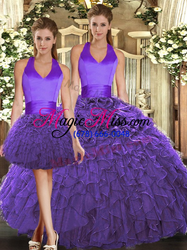 wholesale spectacular purple halter top neckline ruffles quinceanera gown sleeveless lace up