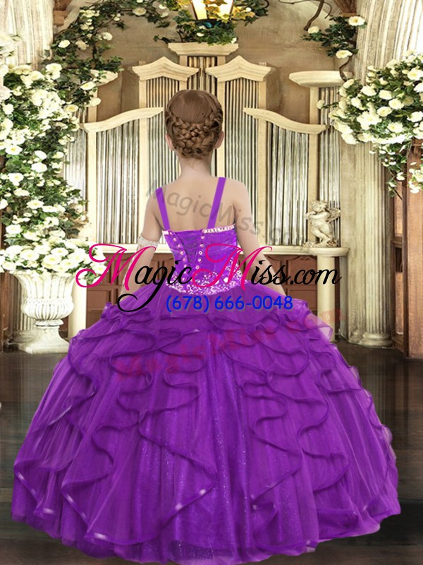 wholesale customized fuchsia lace up little girls pageant dress beading and ruffles sleeveless floor length