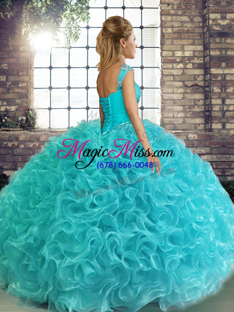wholesale exceptional blue ball gowns off the shoulder sleeveless fabric with rolling flowers floor length lace up beading quinceanera dresses