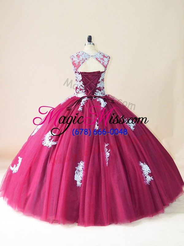 wholesale nice scoop sleeveless quinceanera dresses floor length beading and appliques burgundy tulle