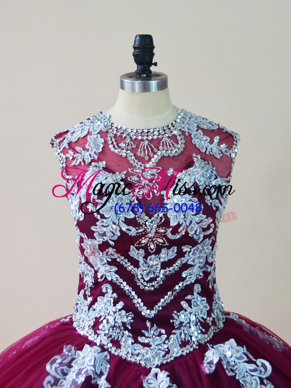wholesale nice scoop sleeveless quinceanera dresses floor length beading and appliques burgundy tulle