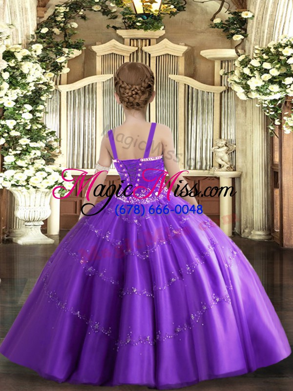 wholesale purple ball gowns straps sleeveless tulle floor length lace up beading and ruffled layers kids pageant dress