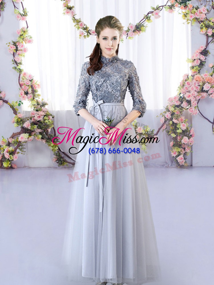 wholesale empire bridesmaid dresses grey high-neck tulle half sleeves floor length lace up