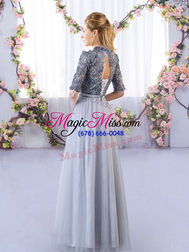wholesale empire bridesmaid dresses grey high-neck tulle half sleeves floor length lace up