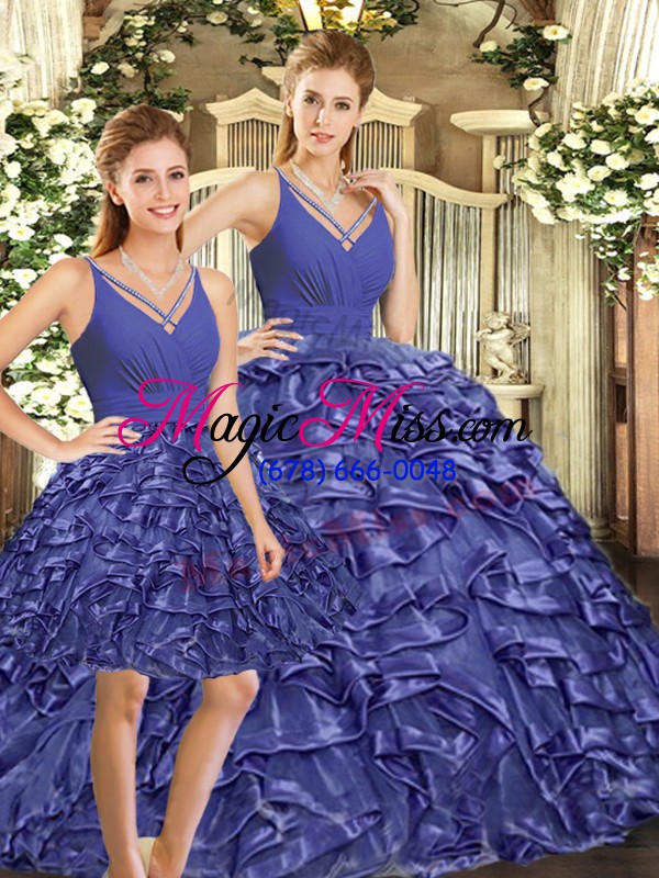 wholesale lavender ball gowns organza v-neck sleeveless ruffles floor length backless quinceanera gown brush train