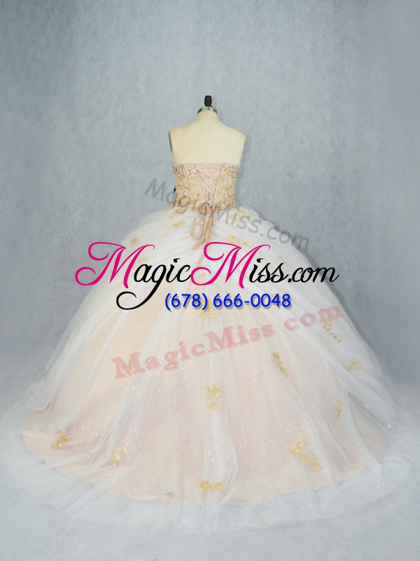 wholesale champagne ball gowns tulle sweetheart sleeveless beading and appliques lace up quinceanera dresses