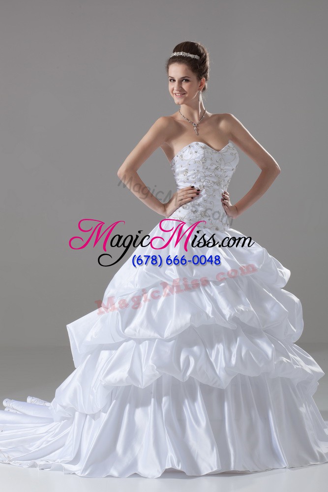 wholesale best selling sweetheart sleeveless taffeta bridal gown embroidery and pick ups brush train lace up